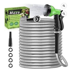 GVDV 100FT Metal Garden Hose 3/4 Inch Stainless Steel Kink Free With 8 Nozzle